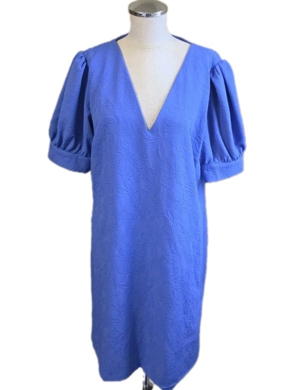 Tommy Hilfiger Puff Sleeve V Neck Floral Jacquard Shift Dress Size 16 Blue NWT